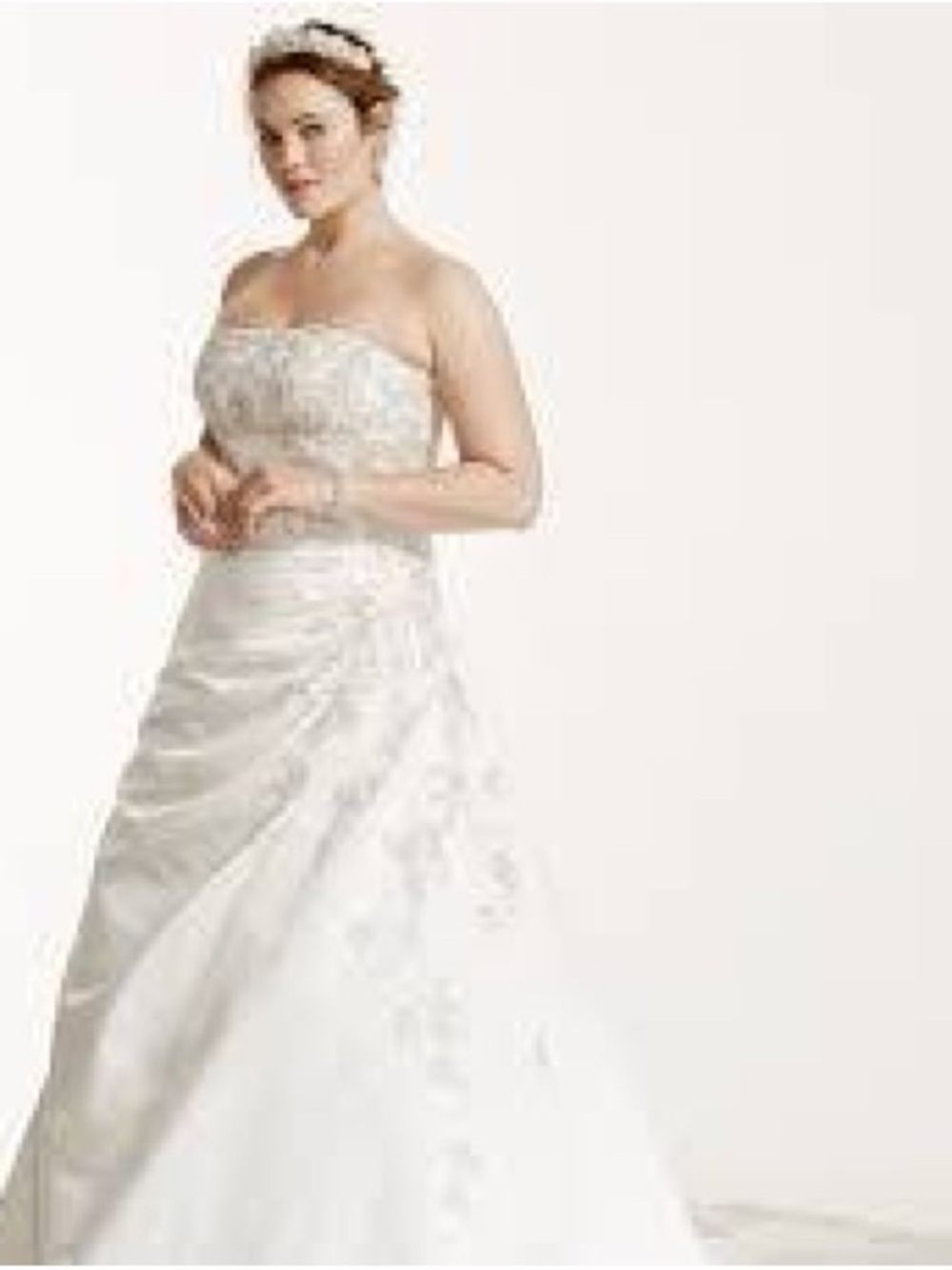 David's Bridal Strapless White A-Line Wedding Gown with Beaded Bodice